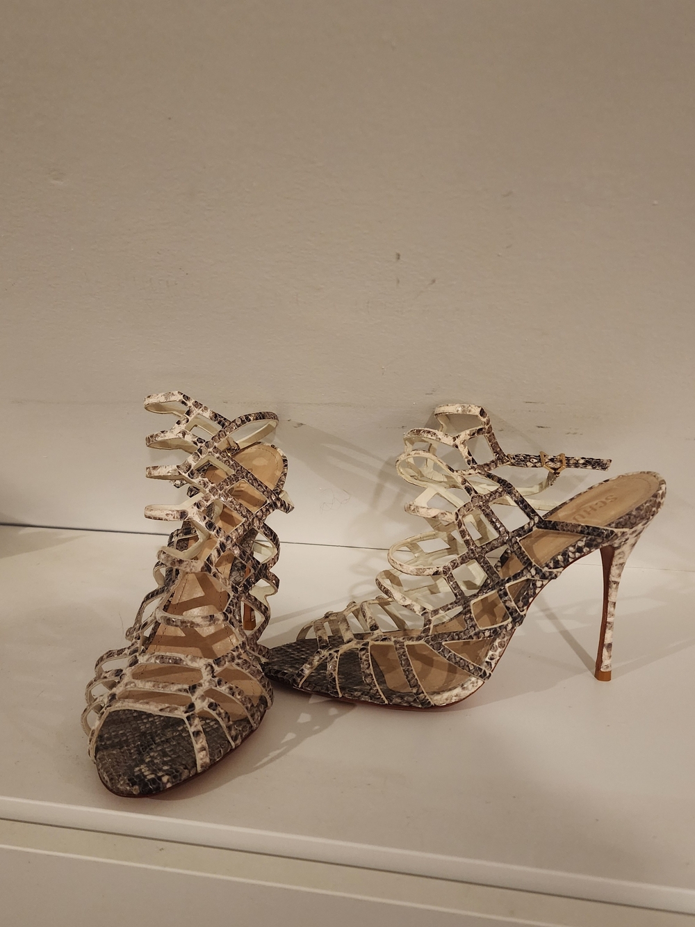 SCHUTZ Beige and Brown Snake Leather Strappy Stiletto Cafe Heels 11 41